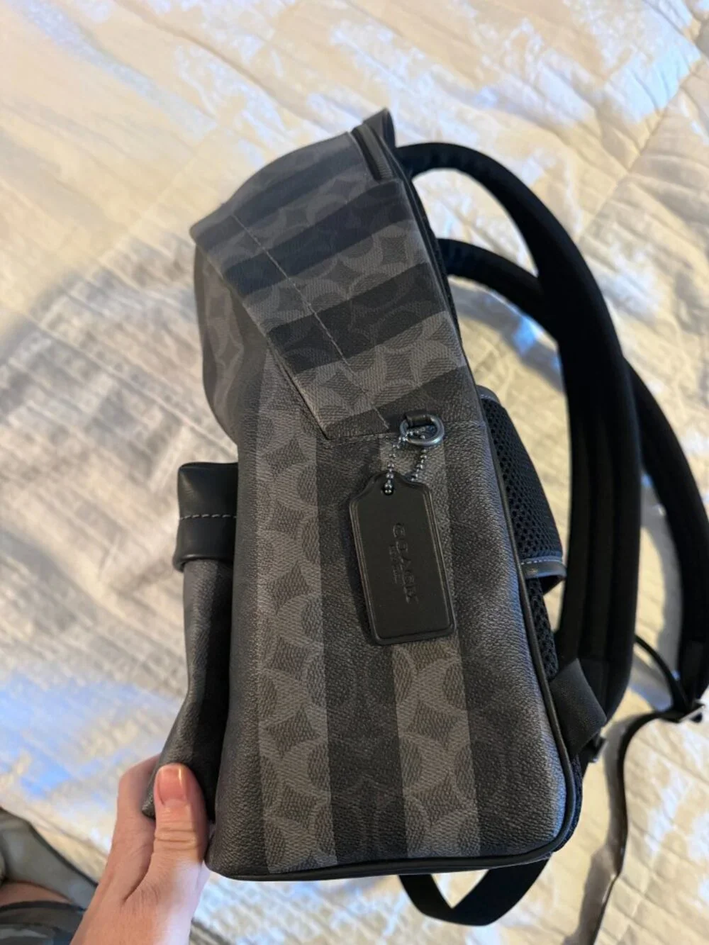NEW Coach Taylor Backpack Signature Canvas Stripes Gunmetal Black Grey